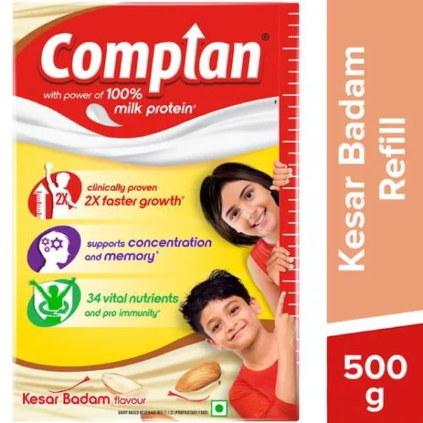 Complan Kesar Badam Nutritious Health Drink - Vitamin C & A Supports Kids Immune, Clinically Proven For 2X Faster Growth Formula, 500 g Carton