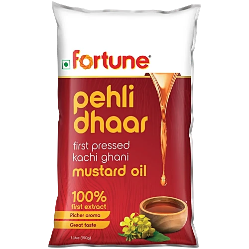 Fortune Pehli Dhaar First Pressed Kachi Ghani Mustard Oil, 1 L Pouch