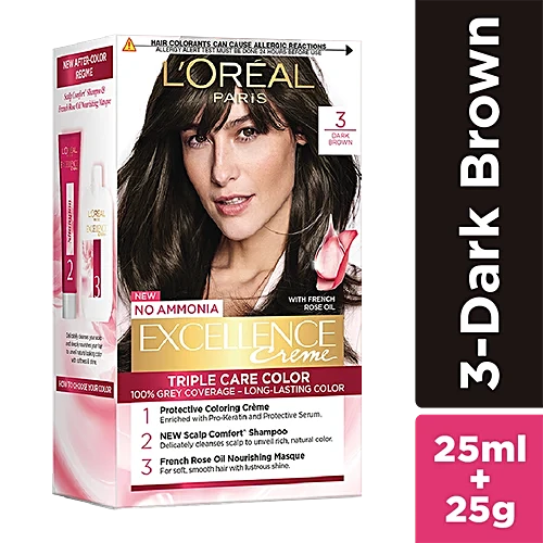 L'Oreal Paris Excellence Creme Hair Colour, 72 ml + 100 g 3 Natural Darkest Brown