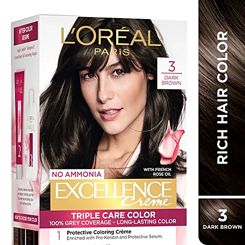 L'Oreal Paris Excellence Creme Hair Colour, 72 ml + 100 g 3 Natural Darkest Brown